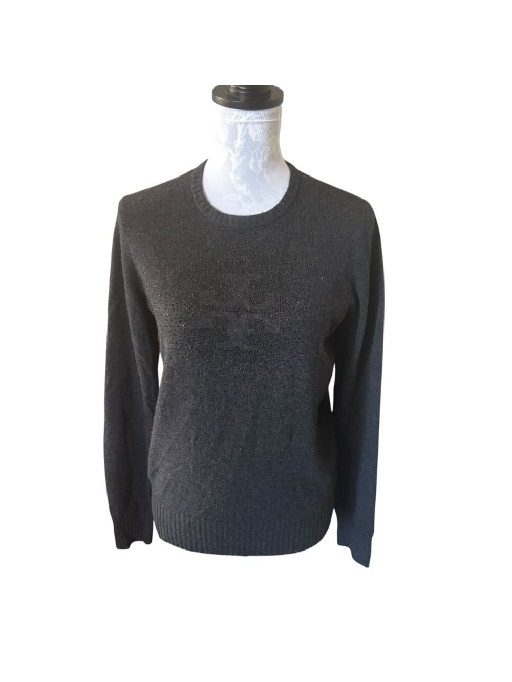 Tory Burch Wool Cashmere Sweater Embellished Logo Black Gray Small